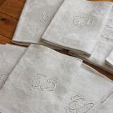 8 antique napkins in monogrammed and damask white linen