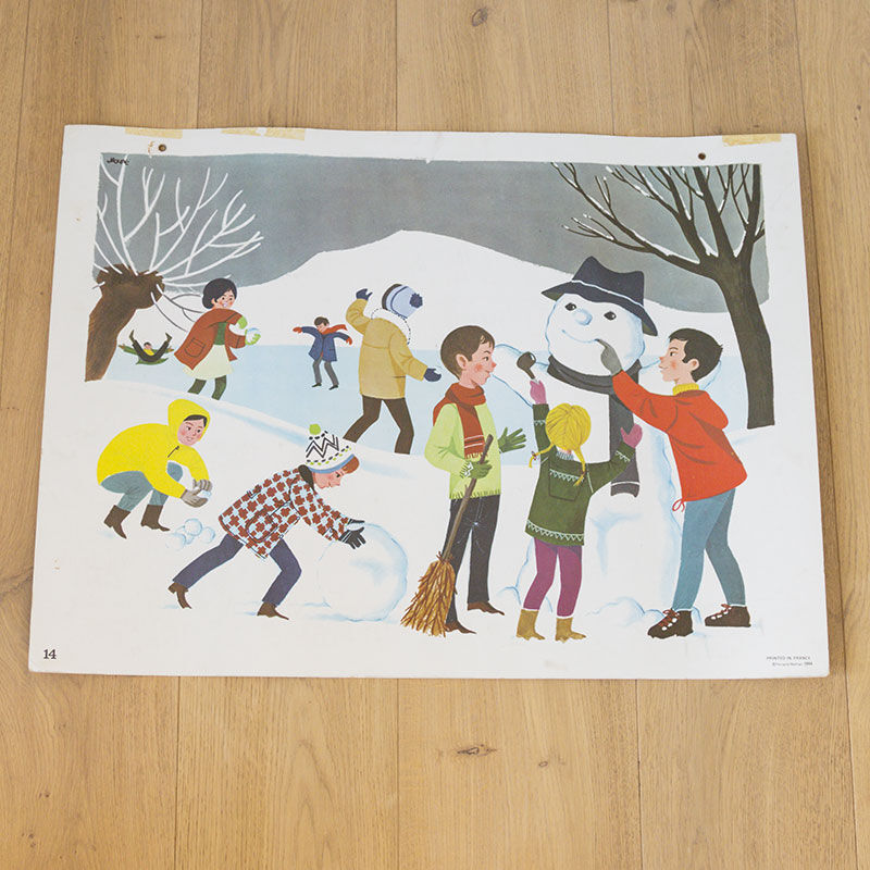 Affiche scolaire Nathan 1966 face 1 Les marrons chauds et face 2 Hiver Bonhomme de neige