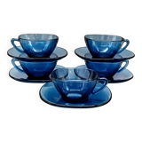 5 tasses et soucoupes Vereco vintage en verre bleu France