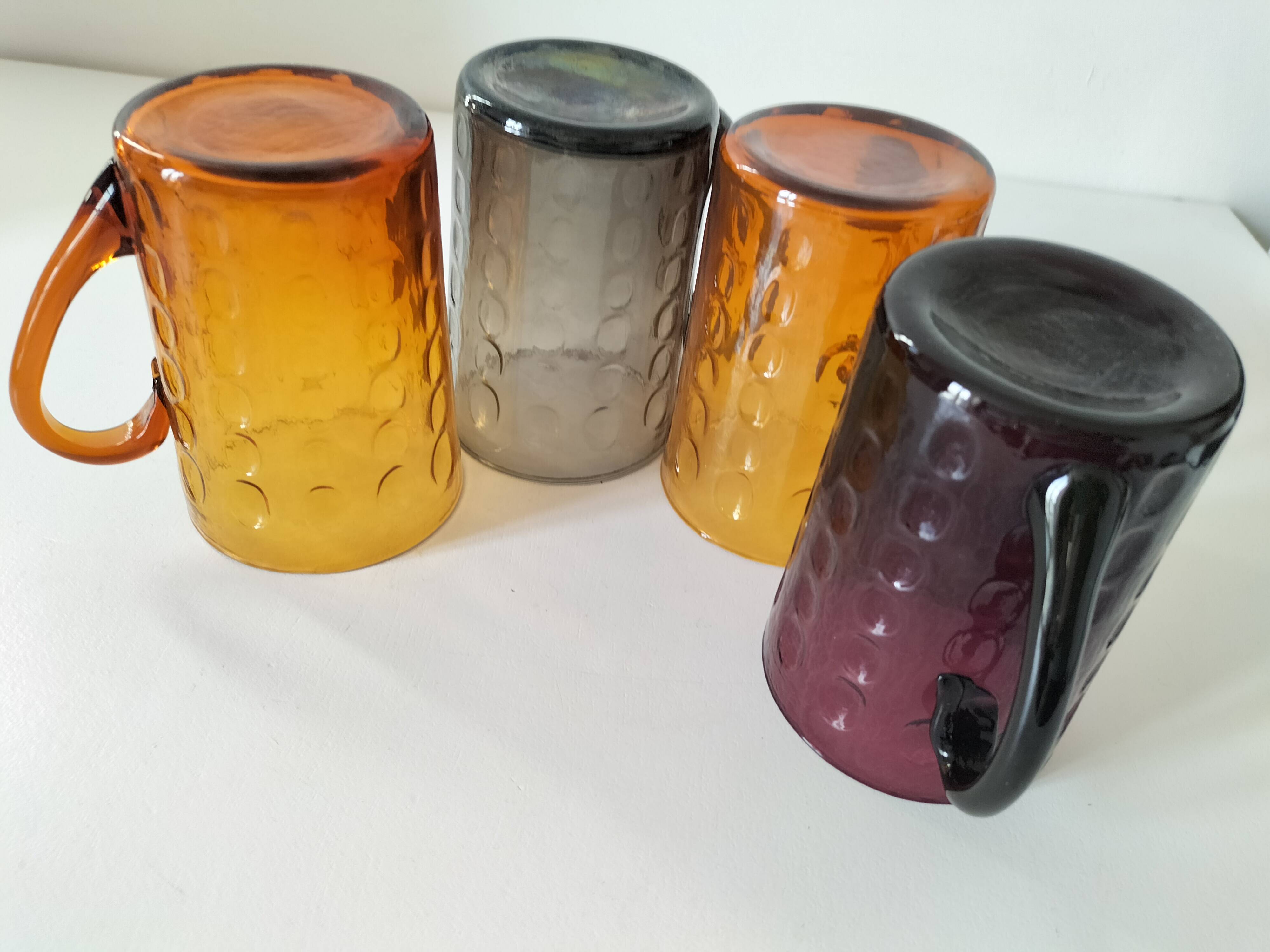 Set of 4 coloured pressed glass mugs, vintage style.