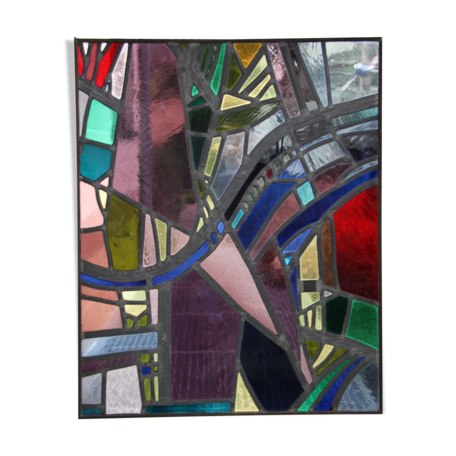 Multicolored stained glass window with hanging system - Germany - 1970's