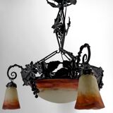 Lustre en fer forgé et pate de verre, Art Deco, Muller Freres, Circa 1920