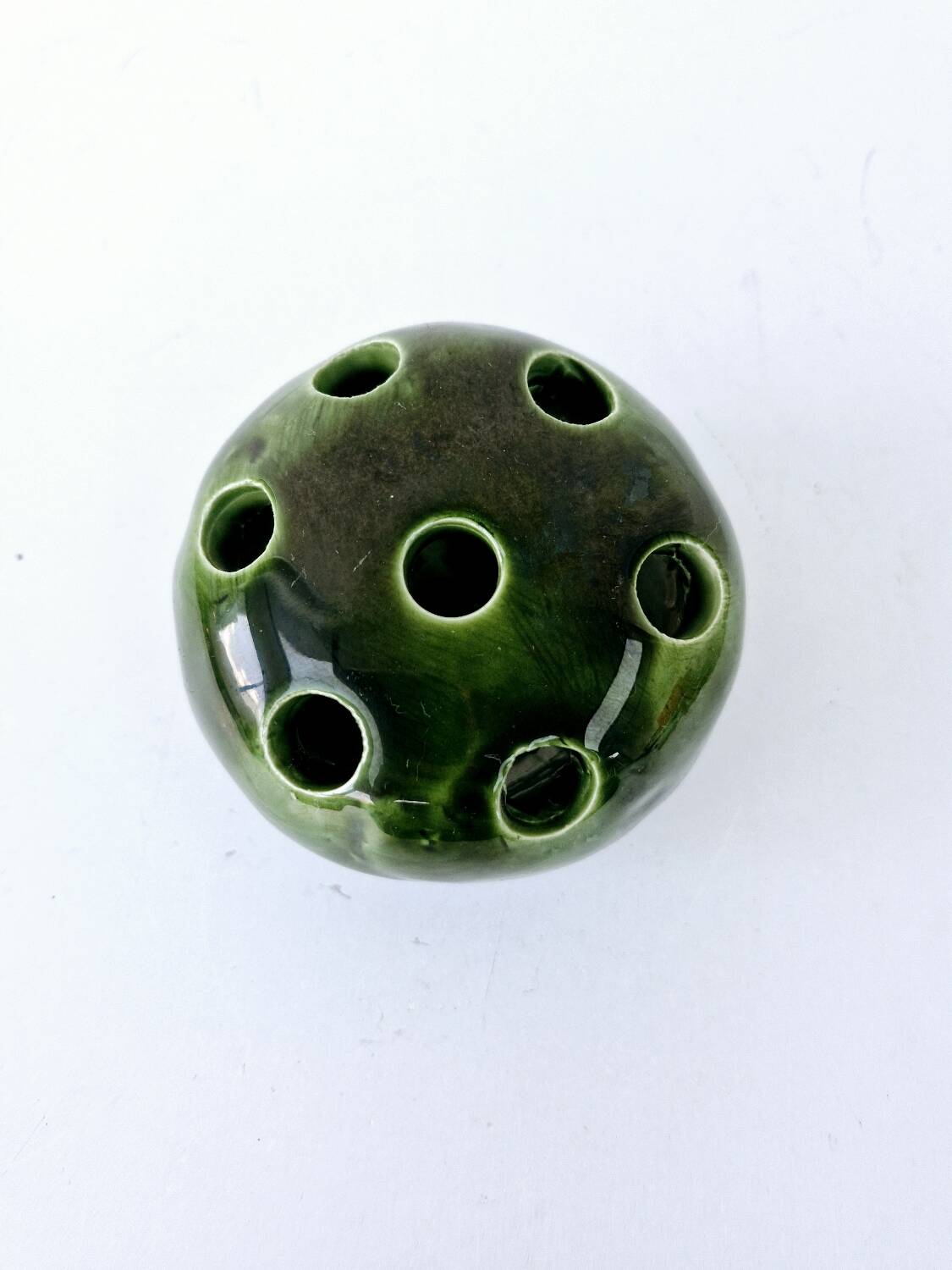 Old Flower Pick 7 Holes Enameled Ceramic Signed Samuel Green D 9cm