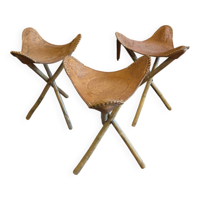 Tabourets tripodes mexicain vintage en bambou et cuir