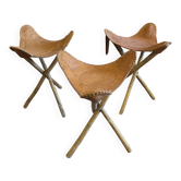 Tabourets tripodes mexicain vintage en bambou et cuir