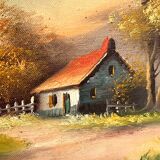 Peinture à l’huile chaumière ancien