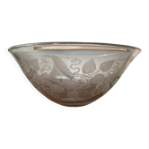 Antique bowl or salad bowl in engraved crystal, floral motif, signed "Delvaux P"