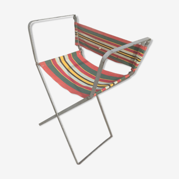 Small vintage metal folding chair with original fabric