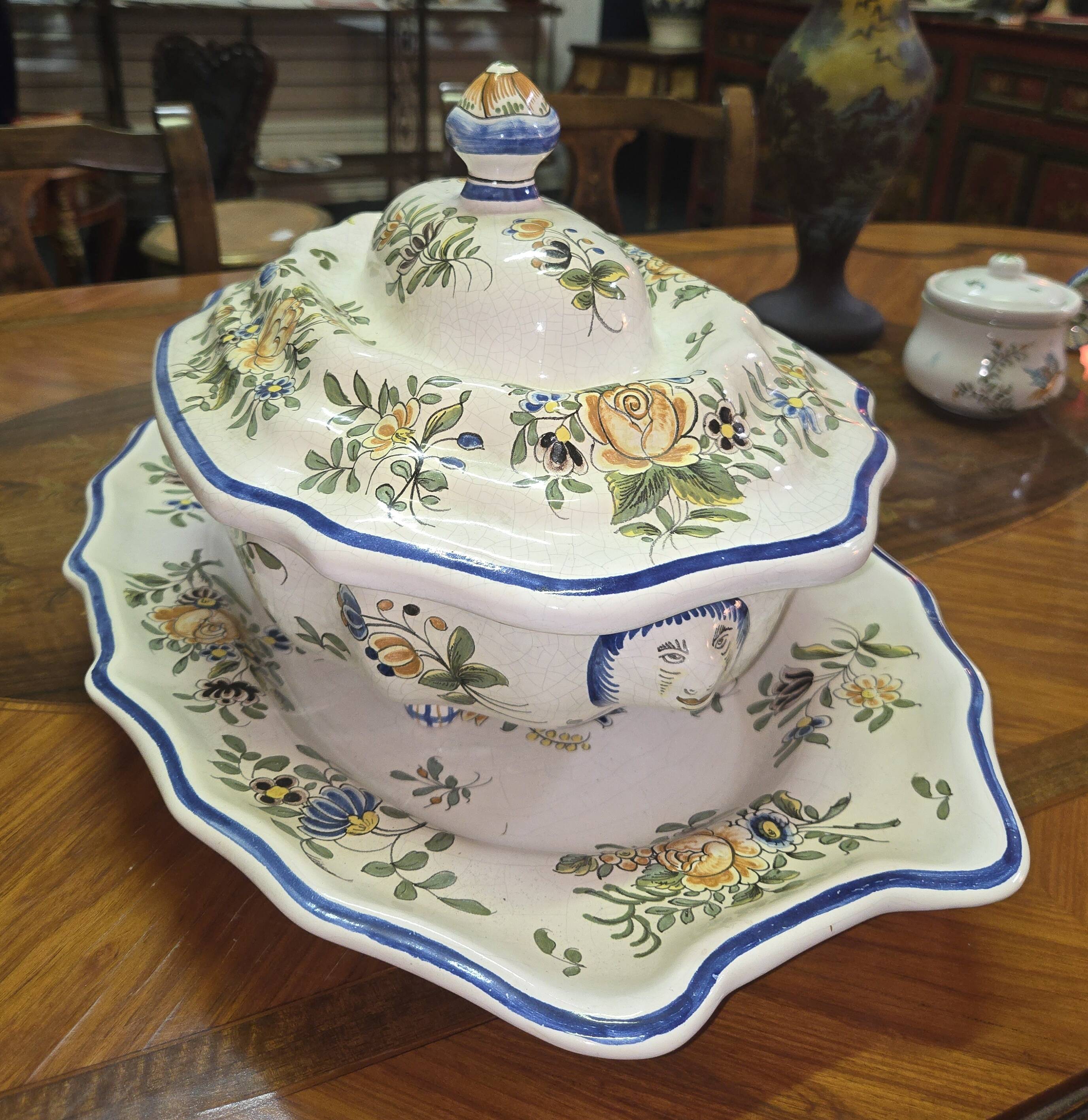 Enormous antique soup tureen in earthenware – floral decoration – with matching tray