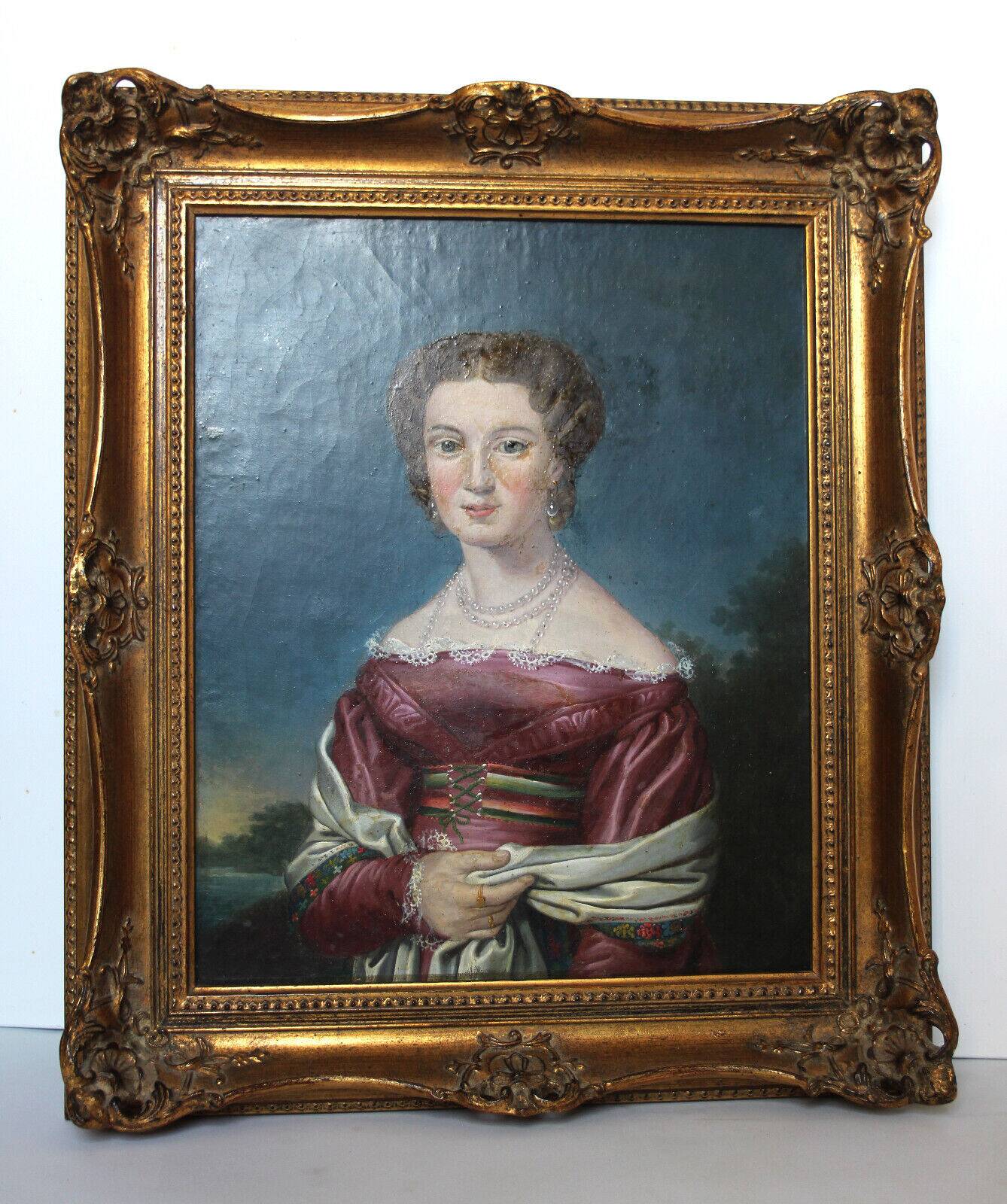 Elegant 19th-Century Portrait of a Lady – Oil on Canvas, Gilded Frame