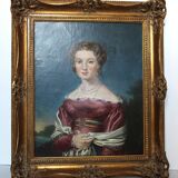 Élégant portrait de dame du XIXe siècle – Huile sur toile, cadre doré