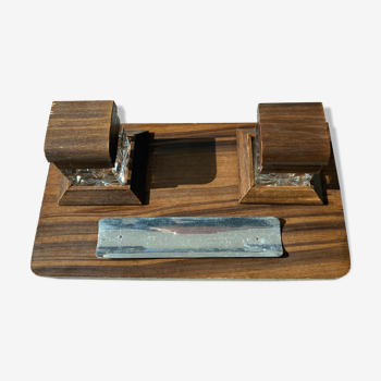 Double inkwell in wood and old glass