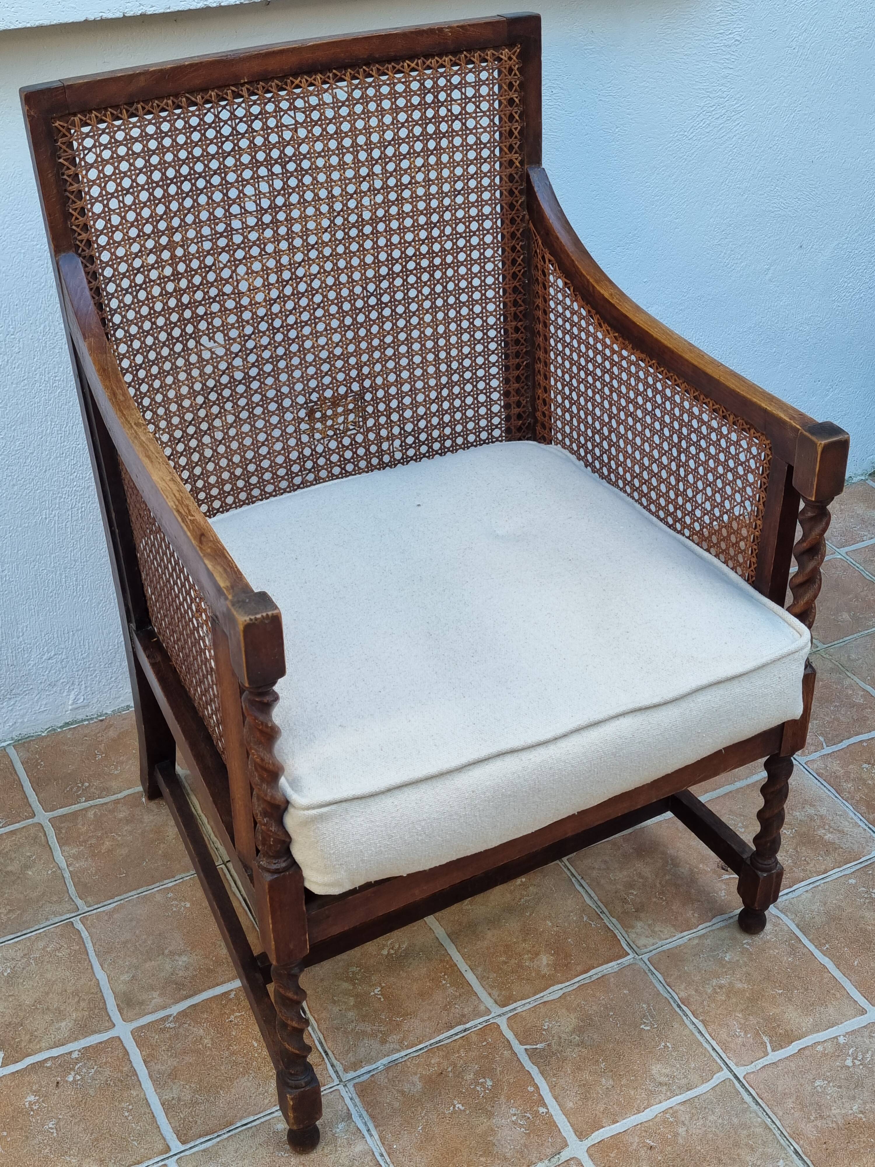 Vintage armchair in turned wood and cane, upholstered seat, 1940s
