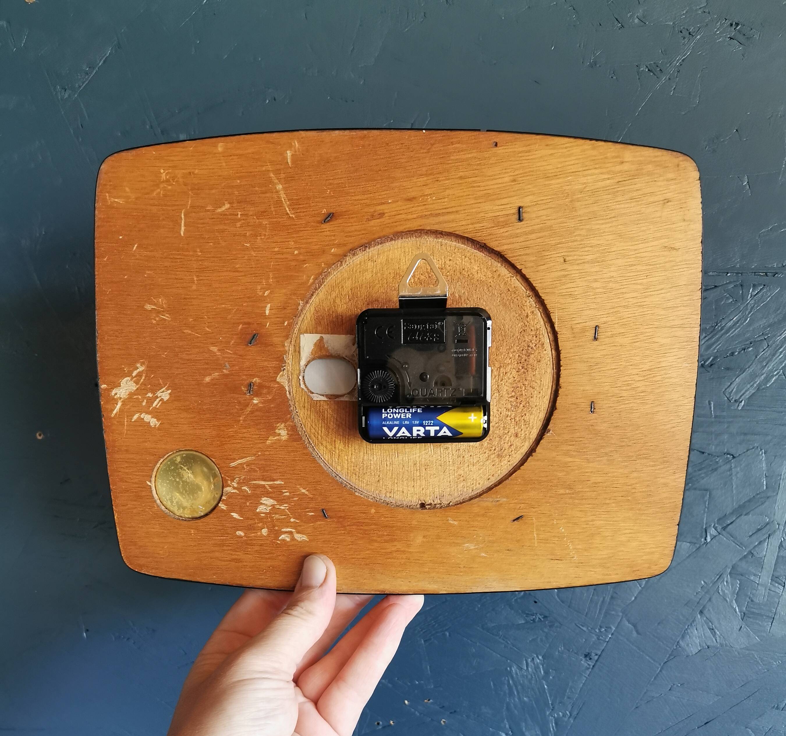 Vintage thermometer clock rectangular silent wall pendulum "Golden blue"