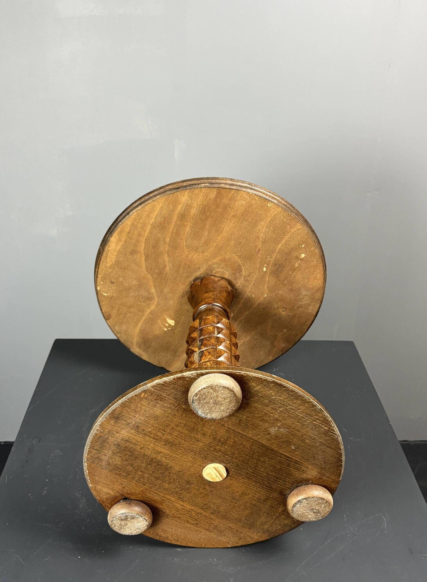 Low wood turned midcentury brutalist side table, Charles Dudouyt style