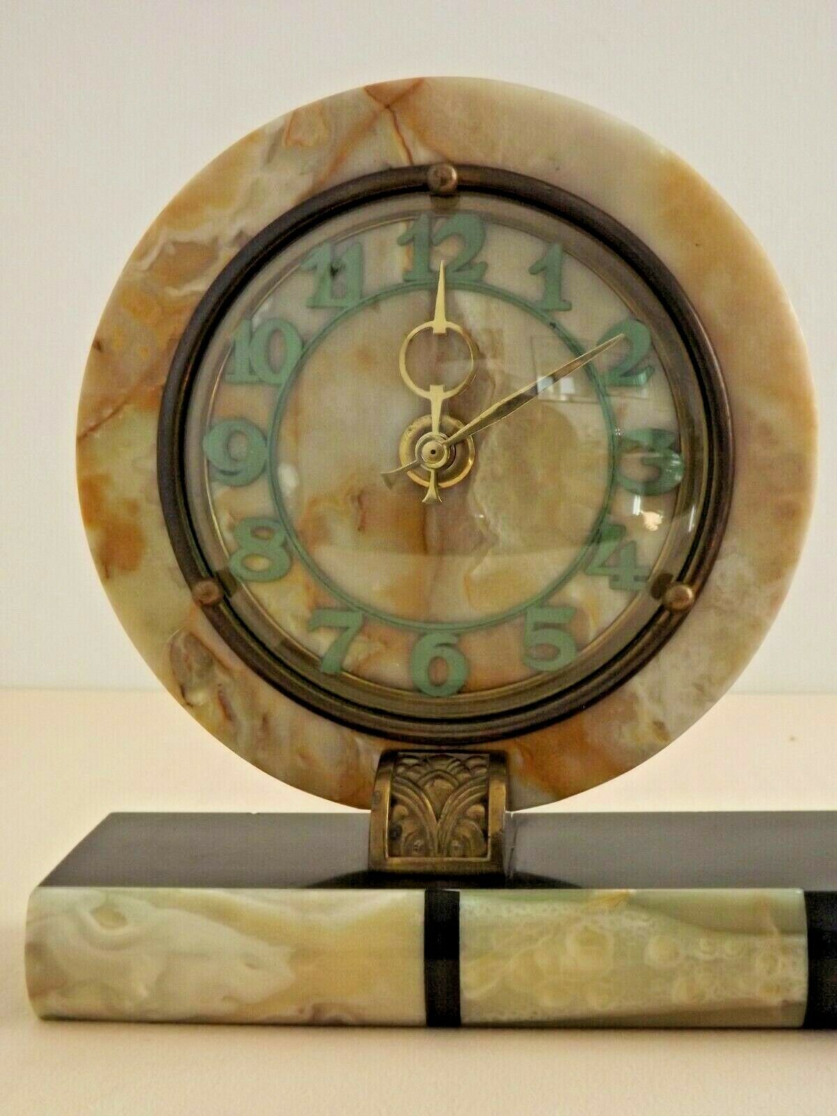 French Art Deco Clock Marble Onyx & Brass With A Bronzed Spelter Gazelle