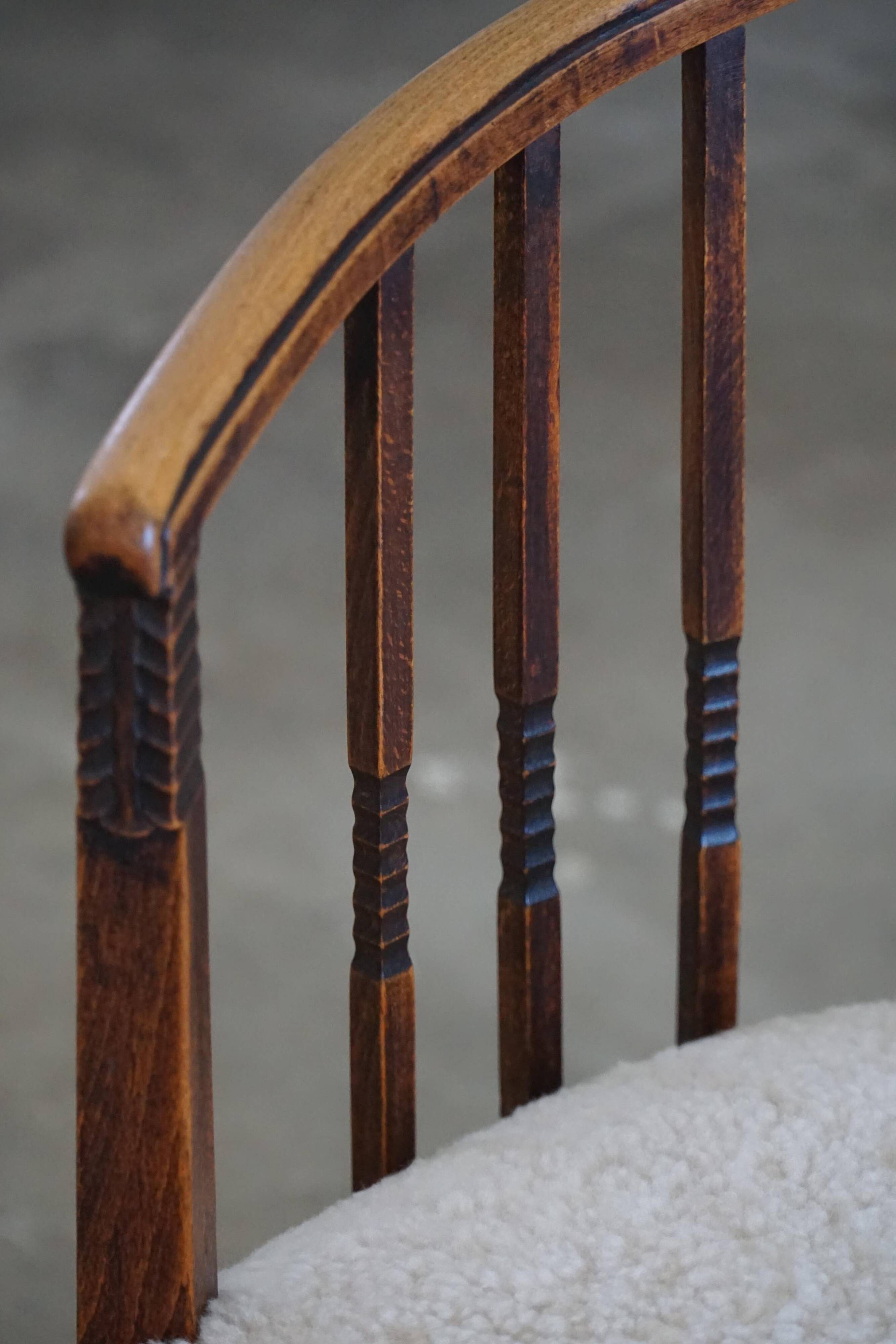 Pair of Danish armchairs in beech, reupholstered in lambswool, Art Nouveau, 1900s.