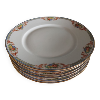 6 Assiettes plates en porcelaine de Limoges Paniers fleuris, fruits - debut 20 ème - Ø 24,5