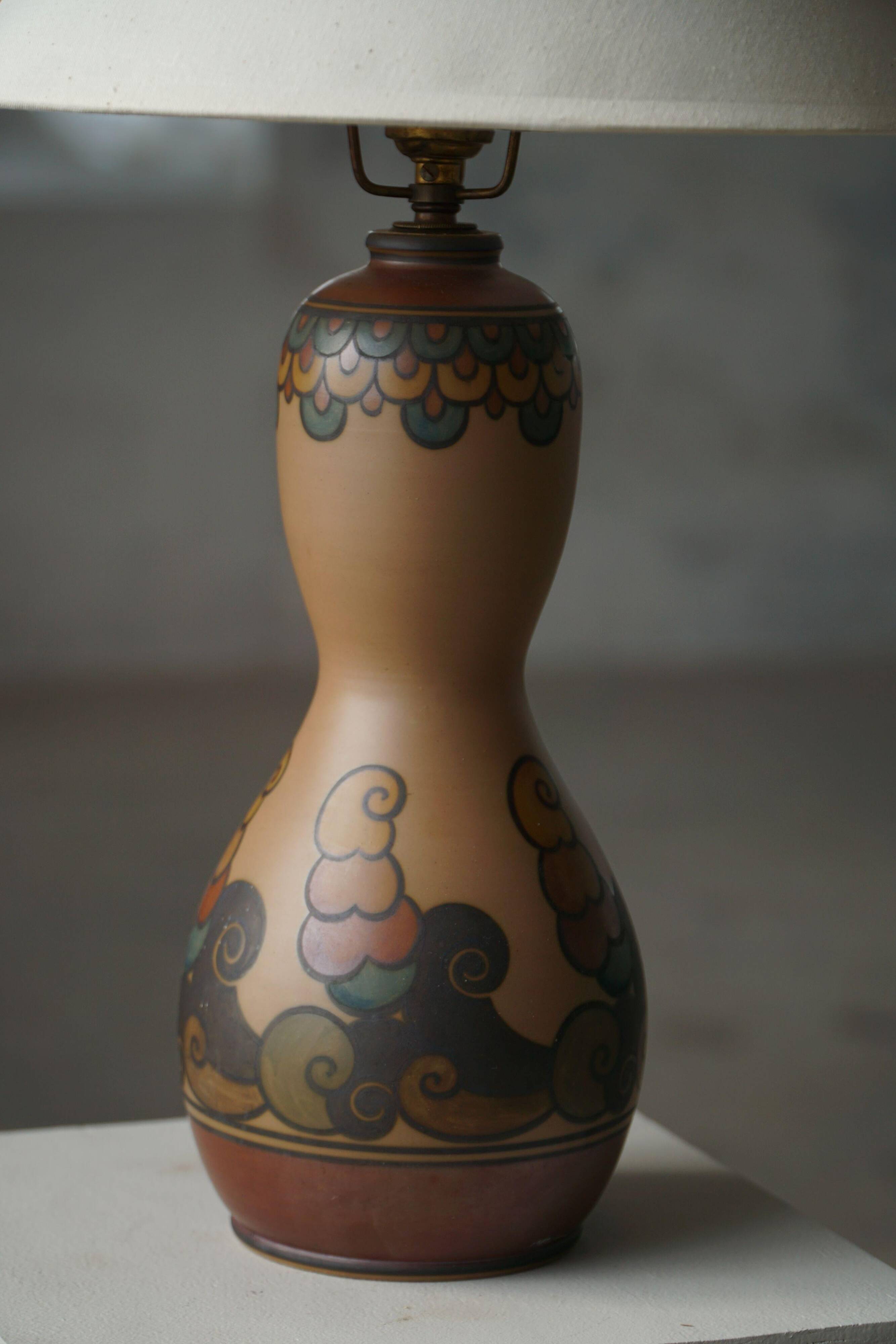 Terracotta table lamp, Art Nouveau, L. Hjorth, Bornholm, Denmark, 1930s