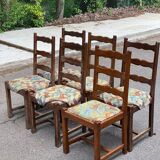6 chaises bois massif chêne foncé et tissu fleurs