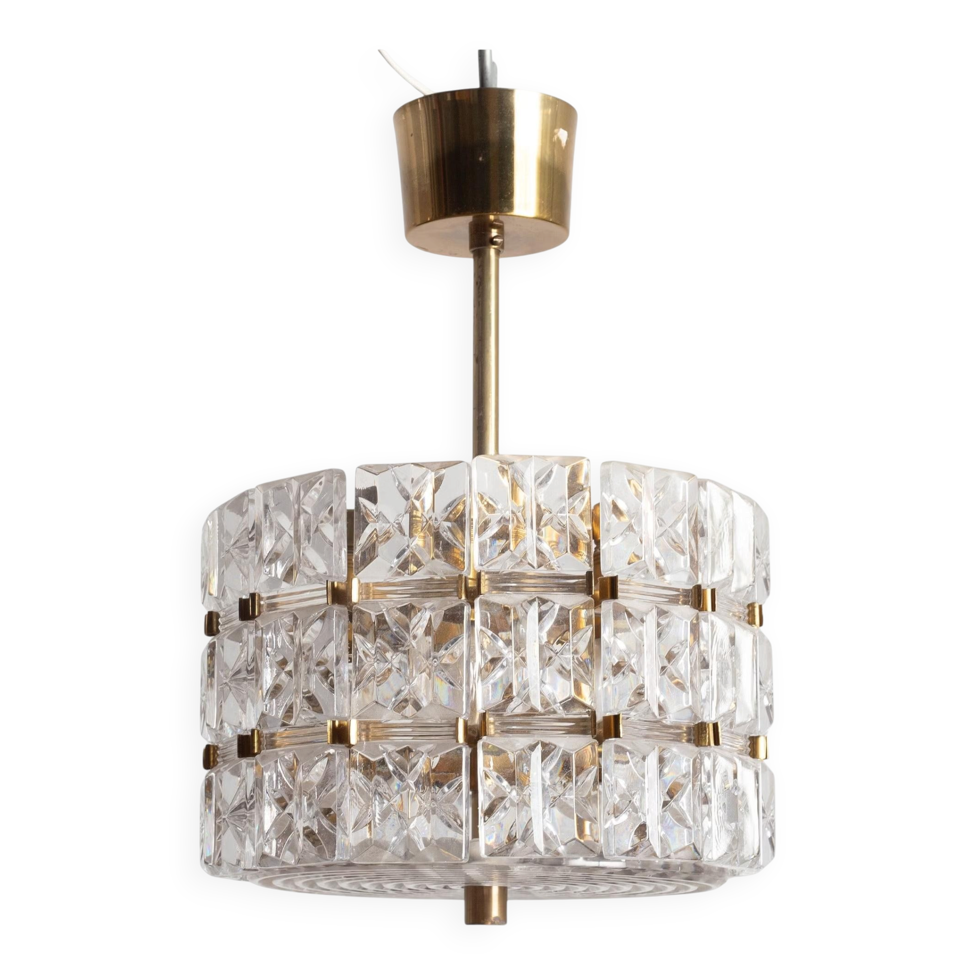 Suspended glass and brass lamp by Carl Fagerlund for Orrefors, Sweden, 1960.