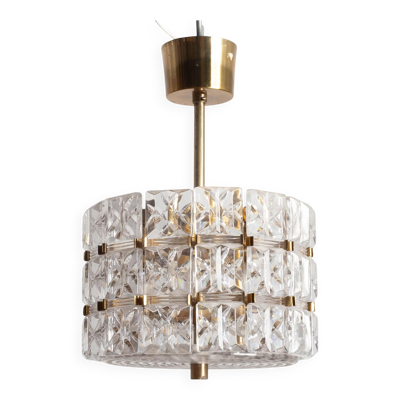 Lampe suspendue en cristal de verre et laiton de Carl Fagerlund pour Orrefors, Suède, 1960