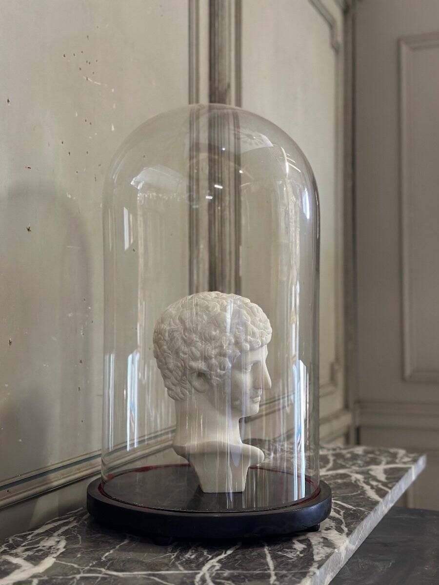 Glass globe on its blackened wooden base, around 1880.