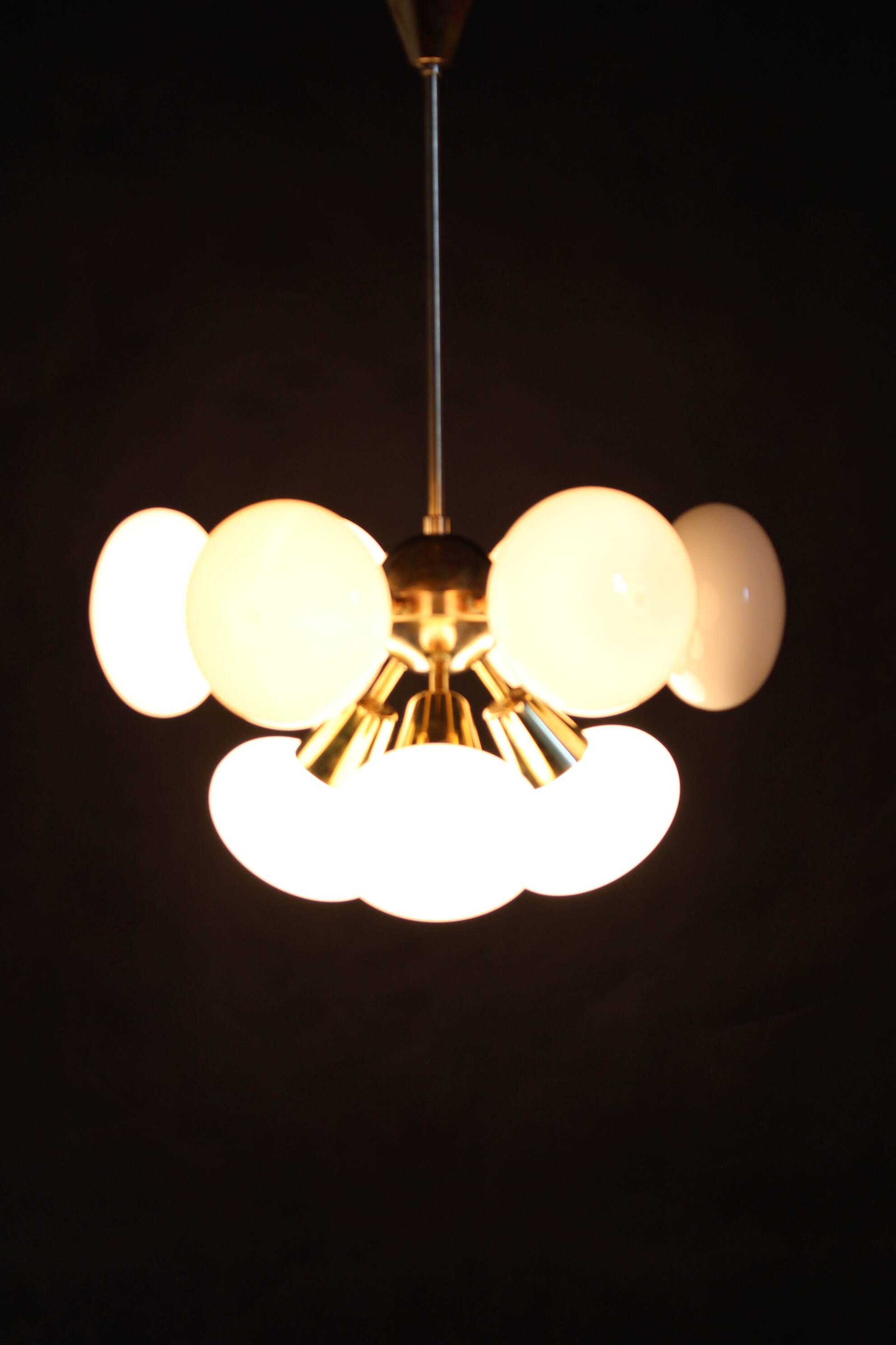 1970s Brass 9-Flamming Chandelier by Sputnik , Czechoslovakia