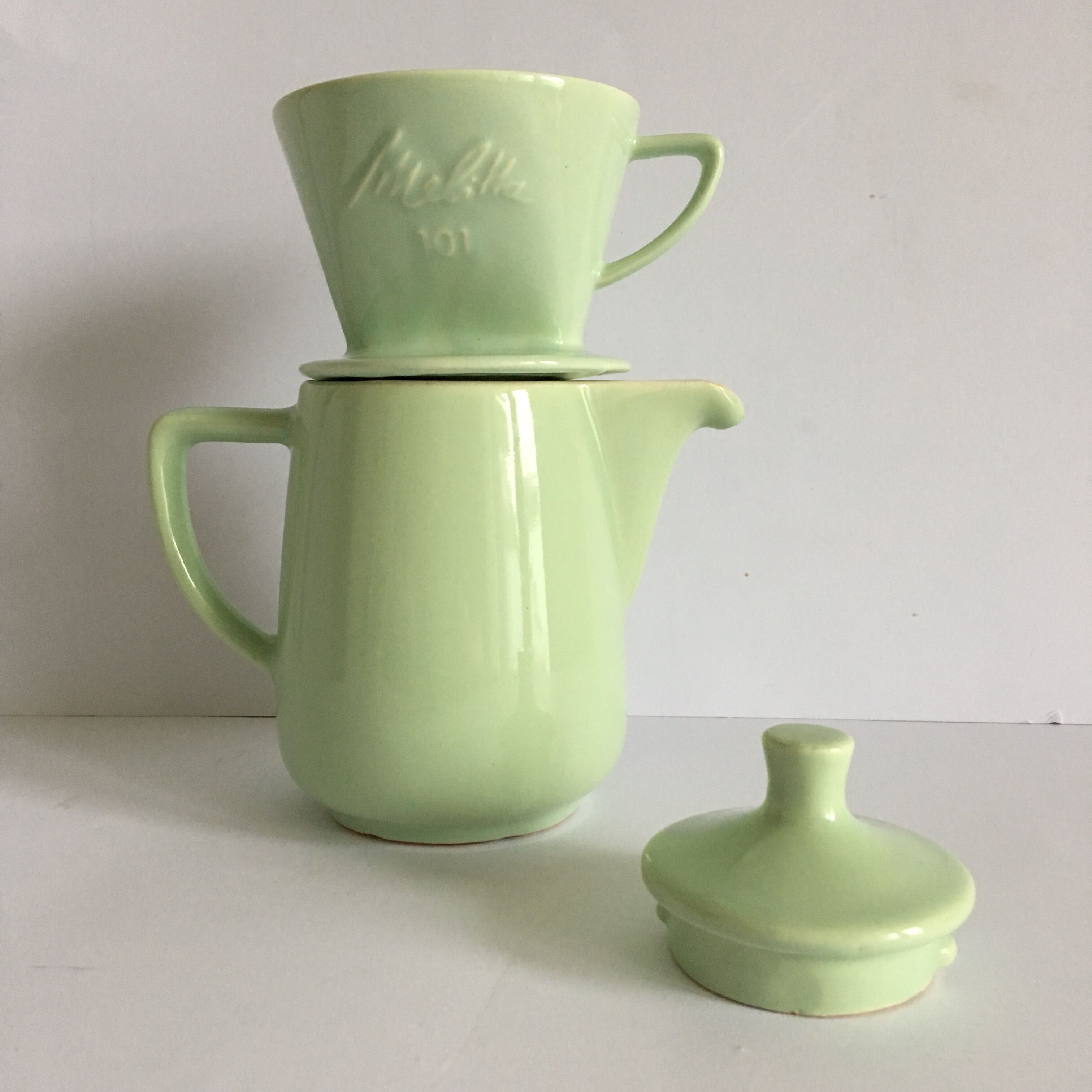 Melitta ceramic coffeepot & filter, 1960