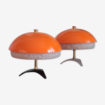 Pair of Philips 1960 mushroom bedside lamp, granite and orange vintage perspex