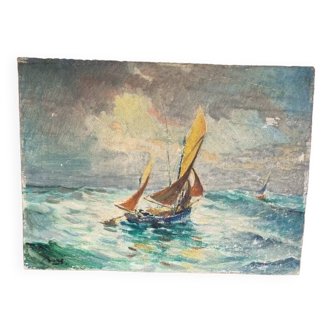 Oil on marine panel signed, old painting