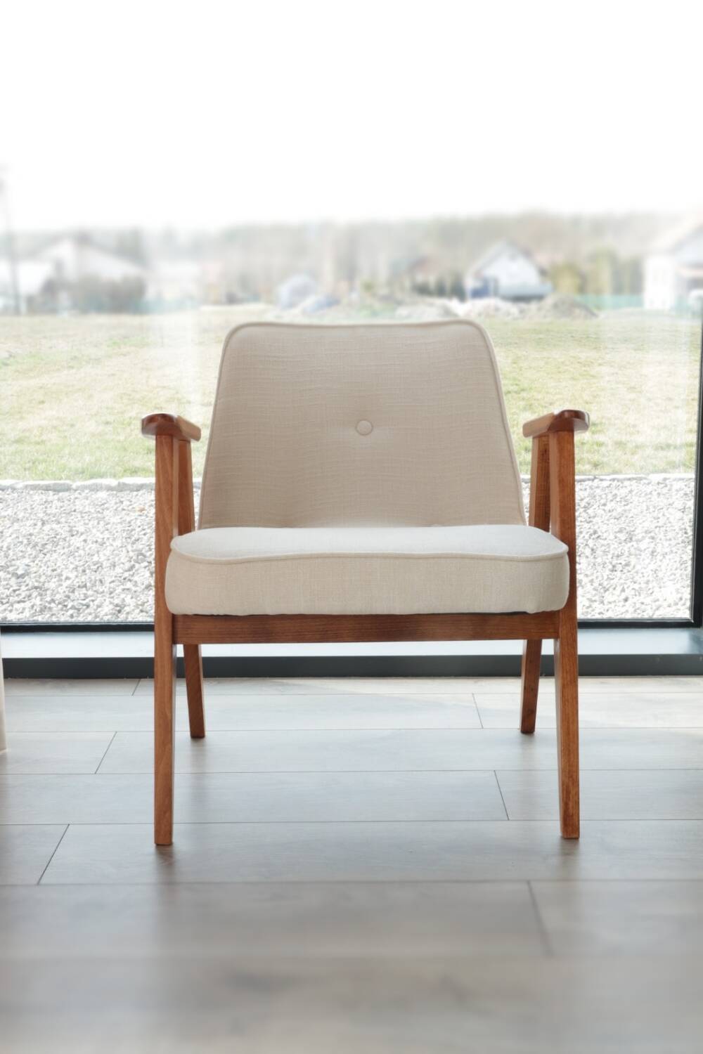 Fauteuil Lounge Vintage Crème Blanche Tissu Bois Naturel Design Scandinave