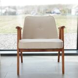 Fauteuil Lounge Vintage Crème Blanche Tissu Bois Naturel Design Scandinave