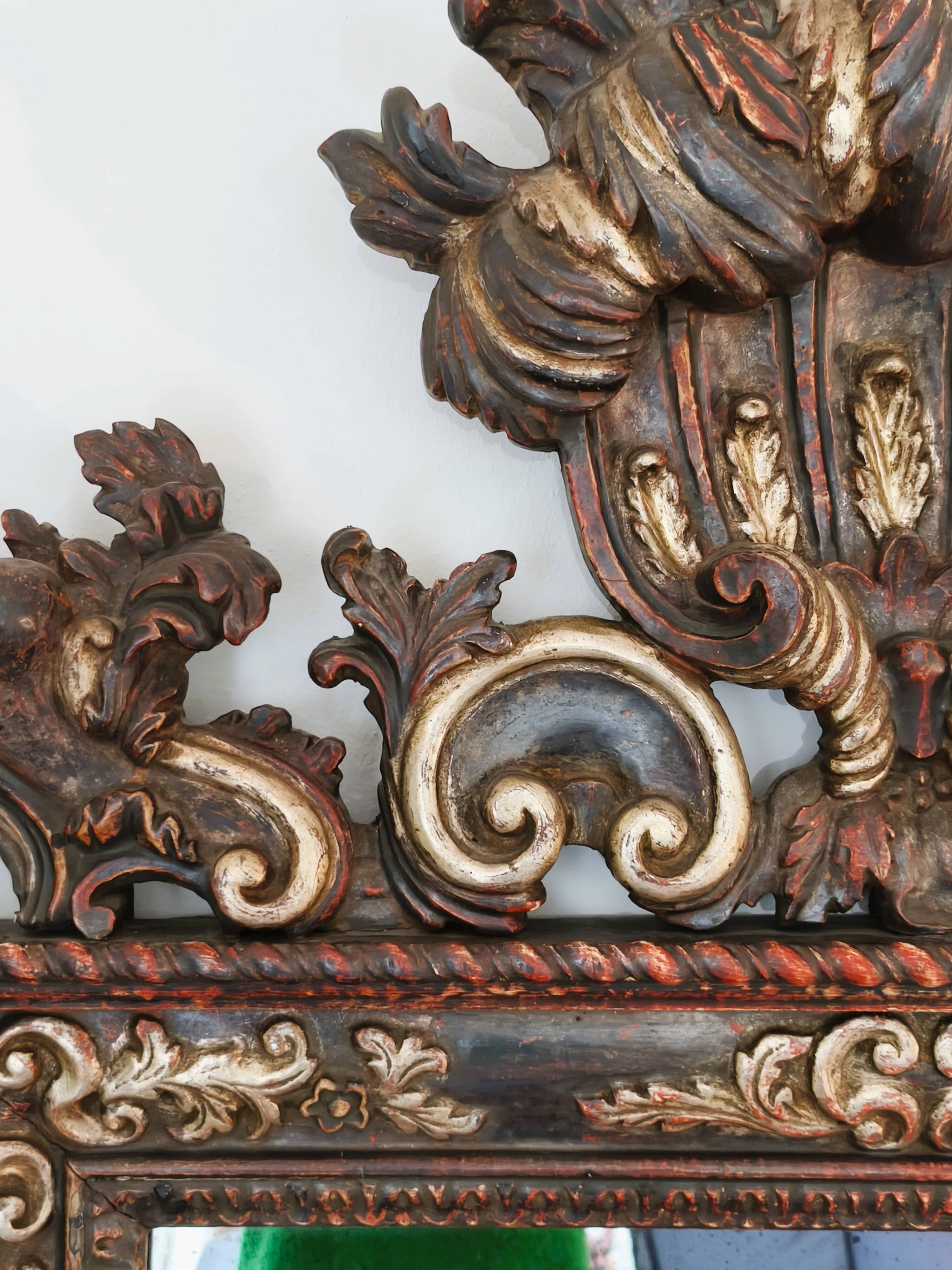 Grande Miroir Italien Sculpté, Bois Doré et Patiné, Style Baroque Rococo, A