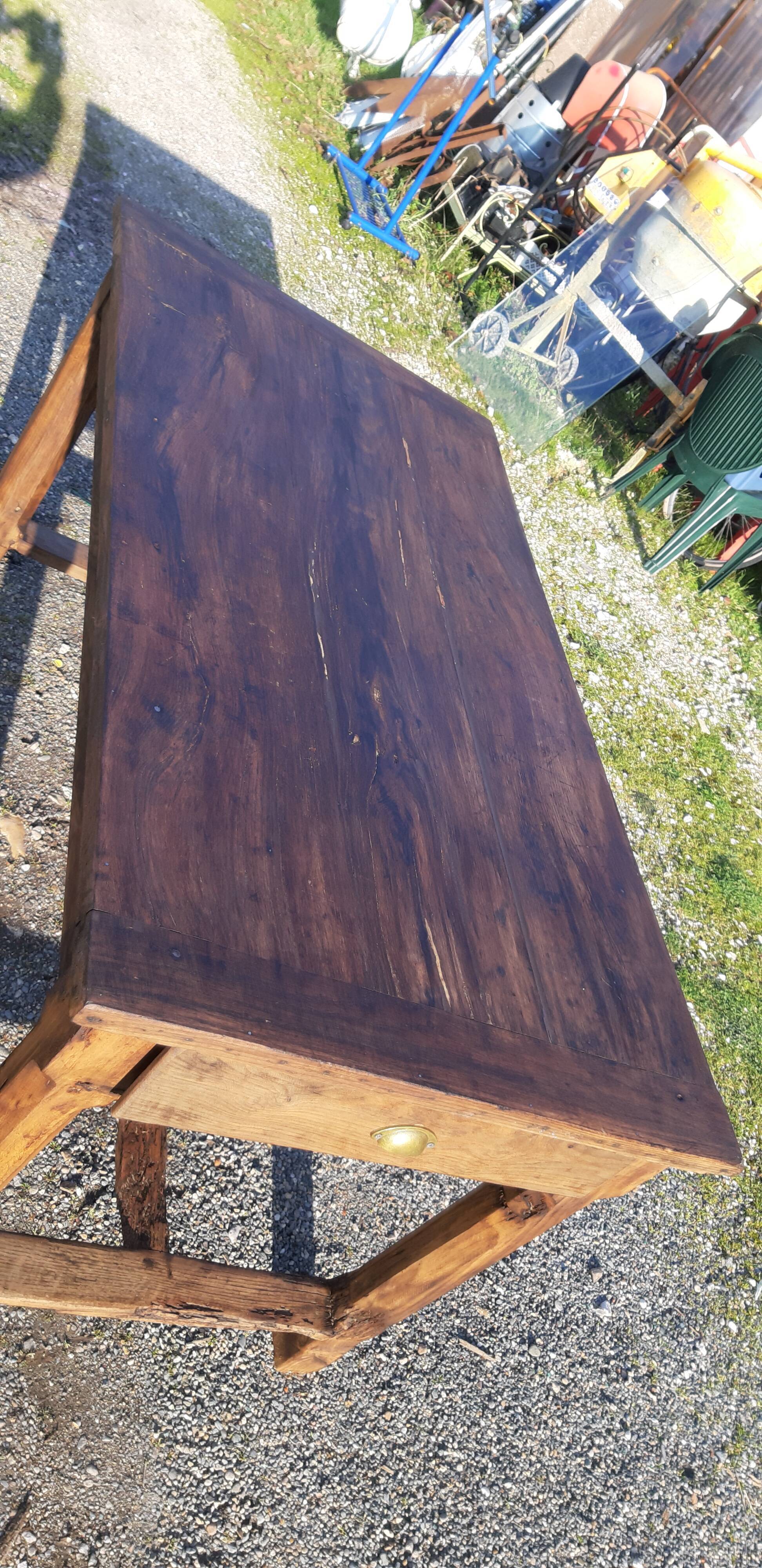 Country farm table xixth in chene, 2 drawers