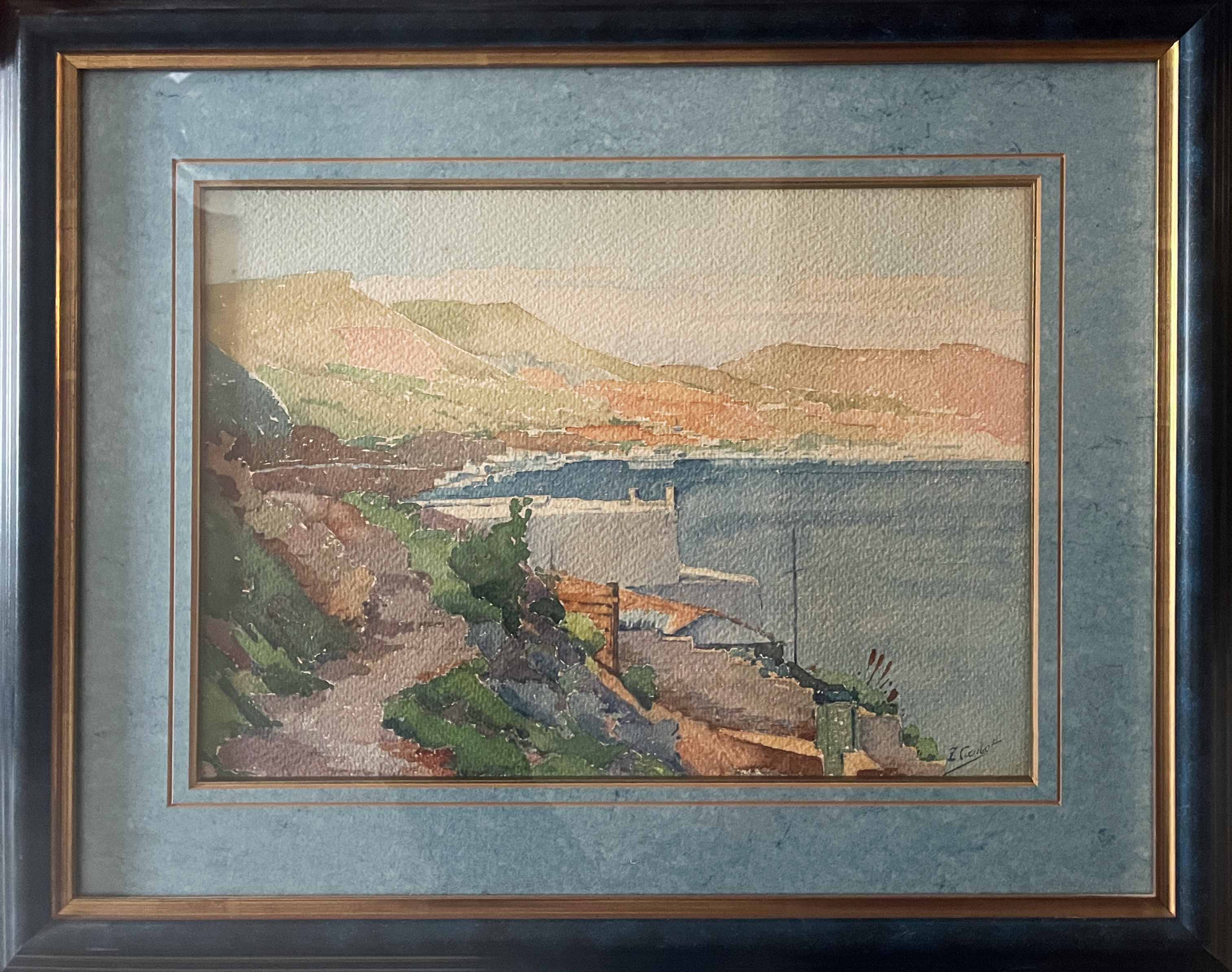 Tableau Aquarelle Paysage Marine Orientaliste (Algérie) + cadre