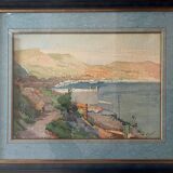 Tableau Aquarelle Paysage Marine Orientaliste (Algérie) + cadre