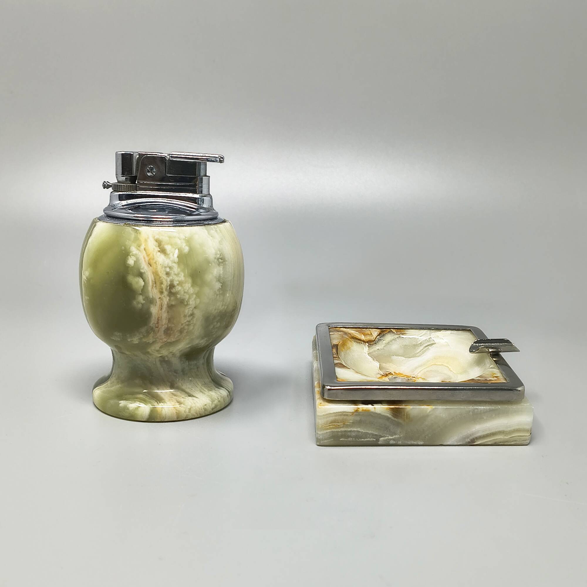 1960s mid-century modern Italian onyx smoking set with table lighter & ashtray