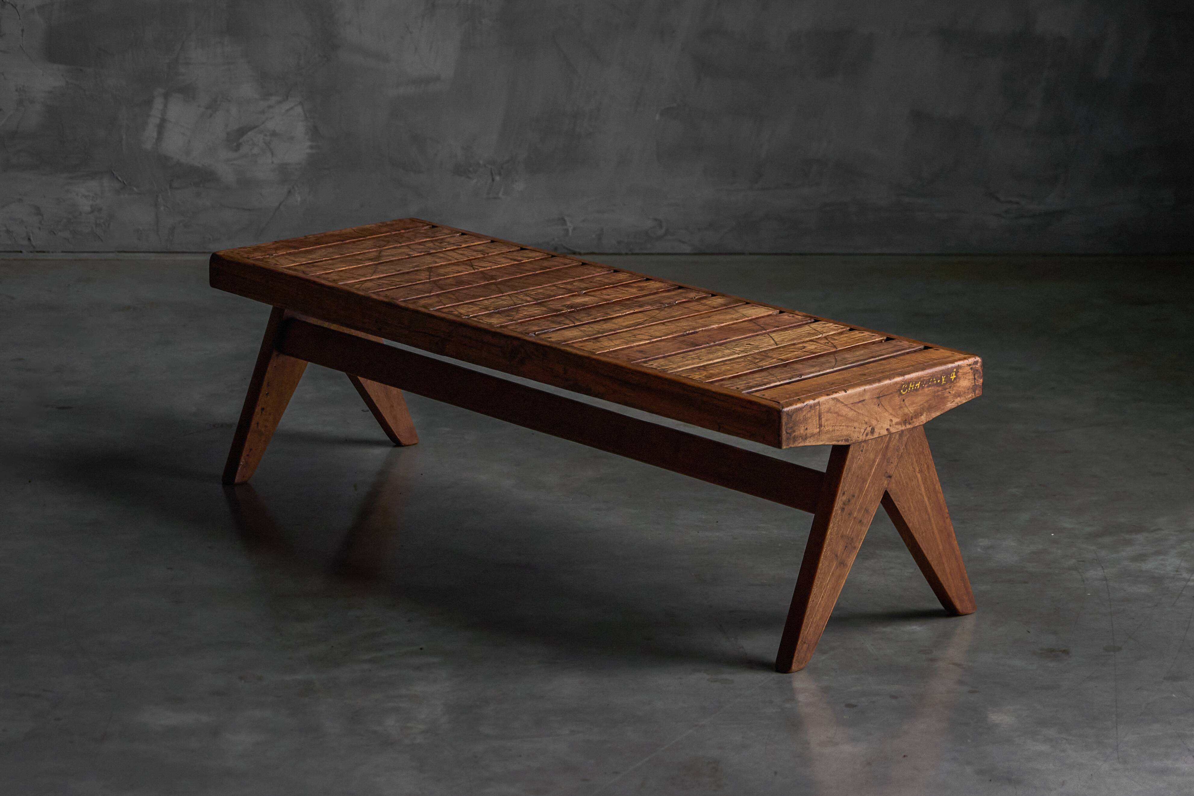 Solid Teak Slatted Bench by Pierre Jeanneret, India, 1950s