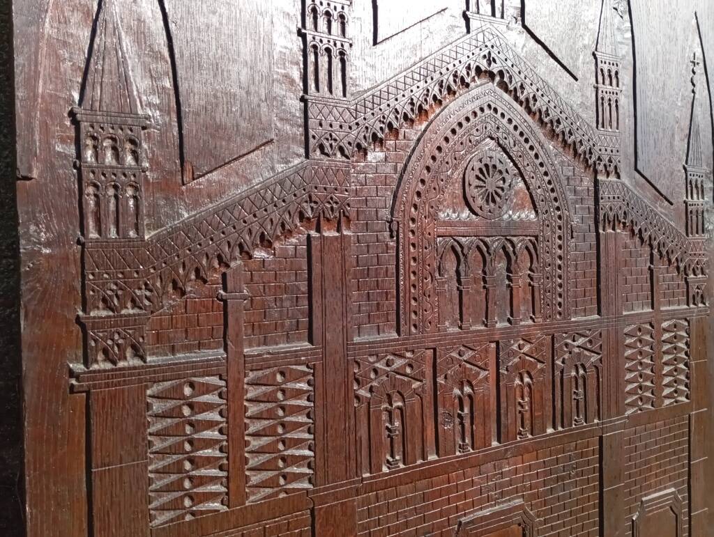 Large sculpted panel façade cathedral Pavia