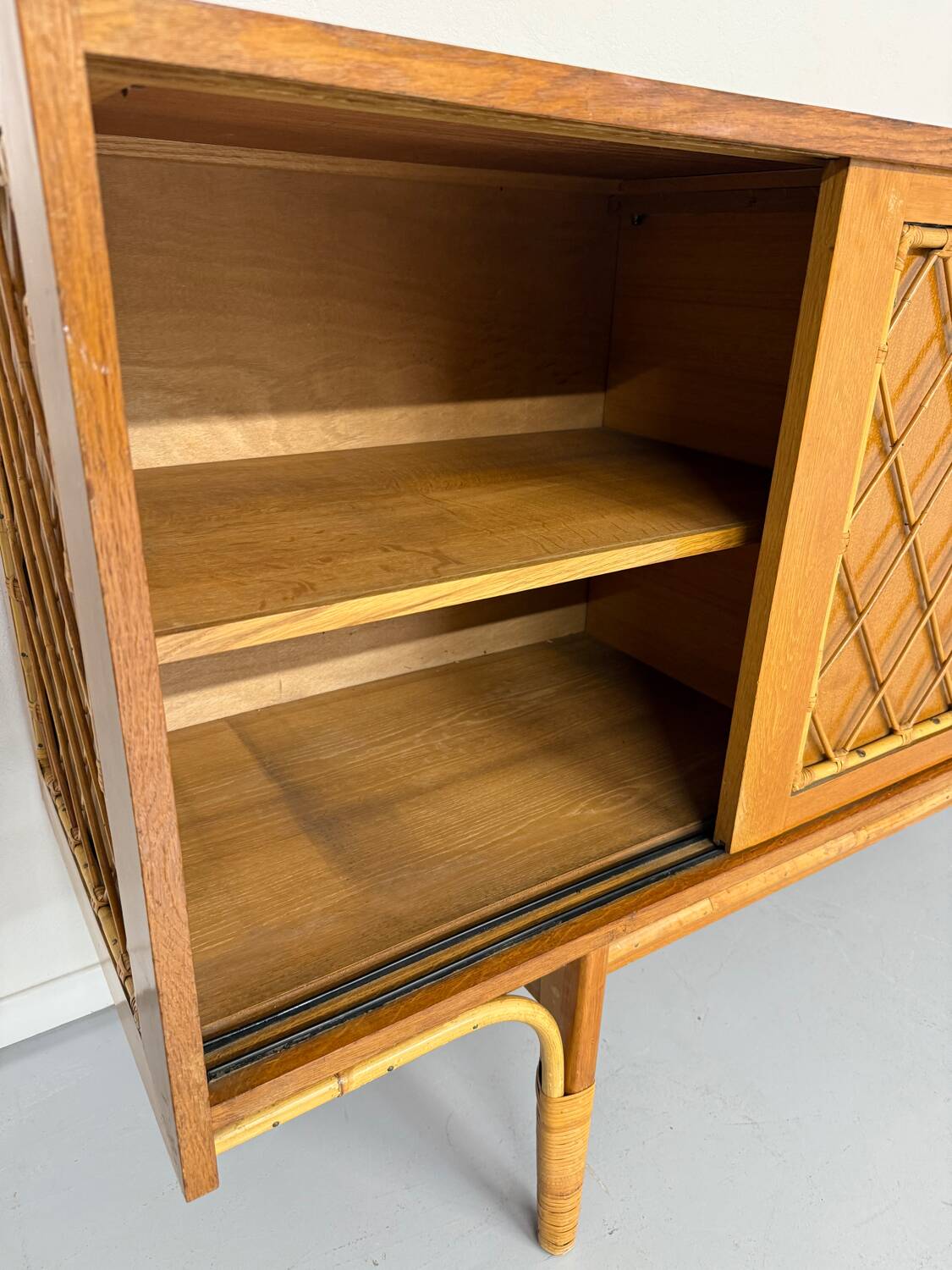 Antique French vintage 50s design wooden and rattan sideboard