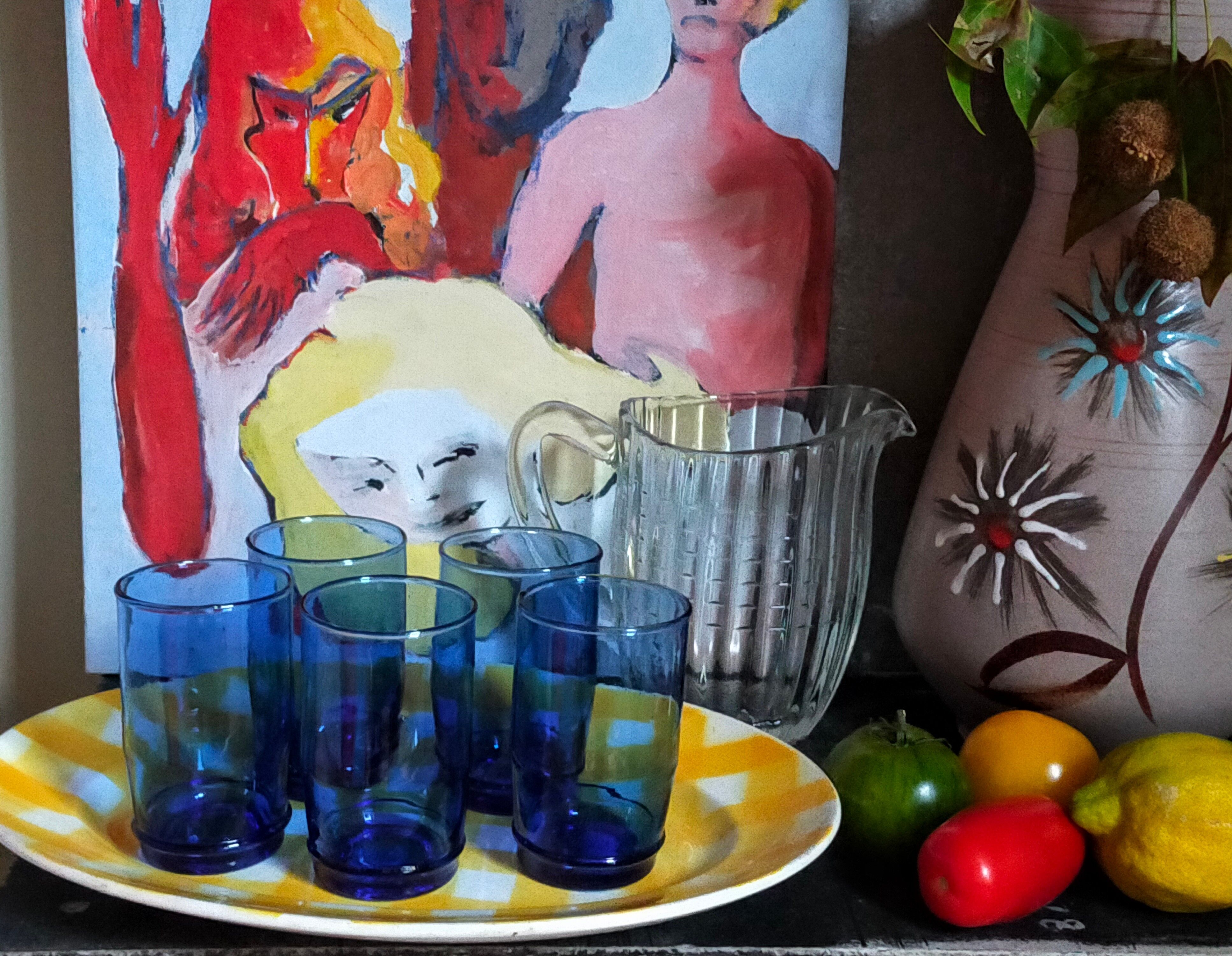 Cinq verres de verrier en verre soufflé vintages