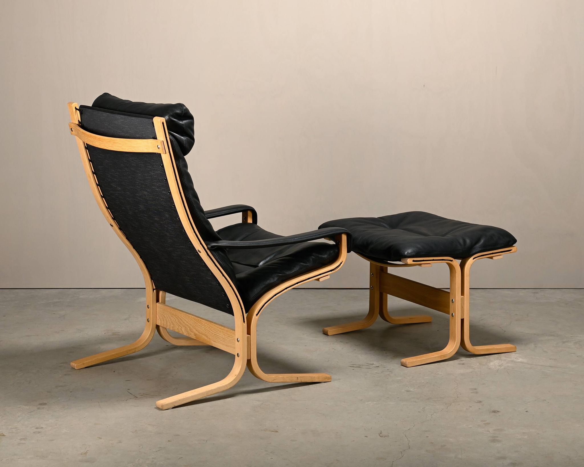 Ingmar Relling Siesta Lounge Chair and Ottoman in naturel Oak and Black Lea