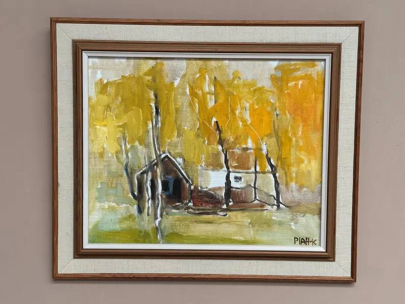 Original Swedish Oil on Canvas – "Houses and Trees in Autumn" by Pia H. Campbell