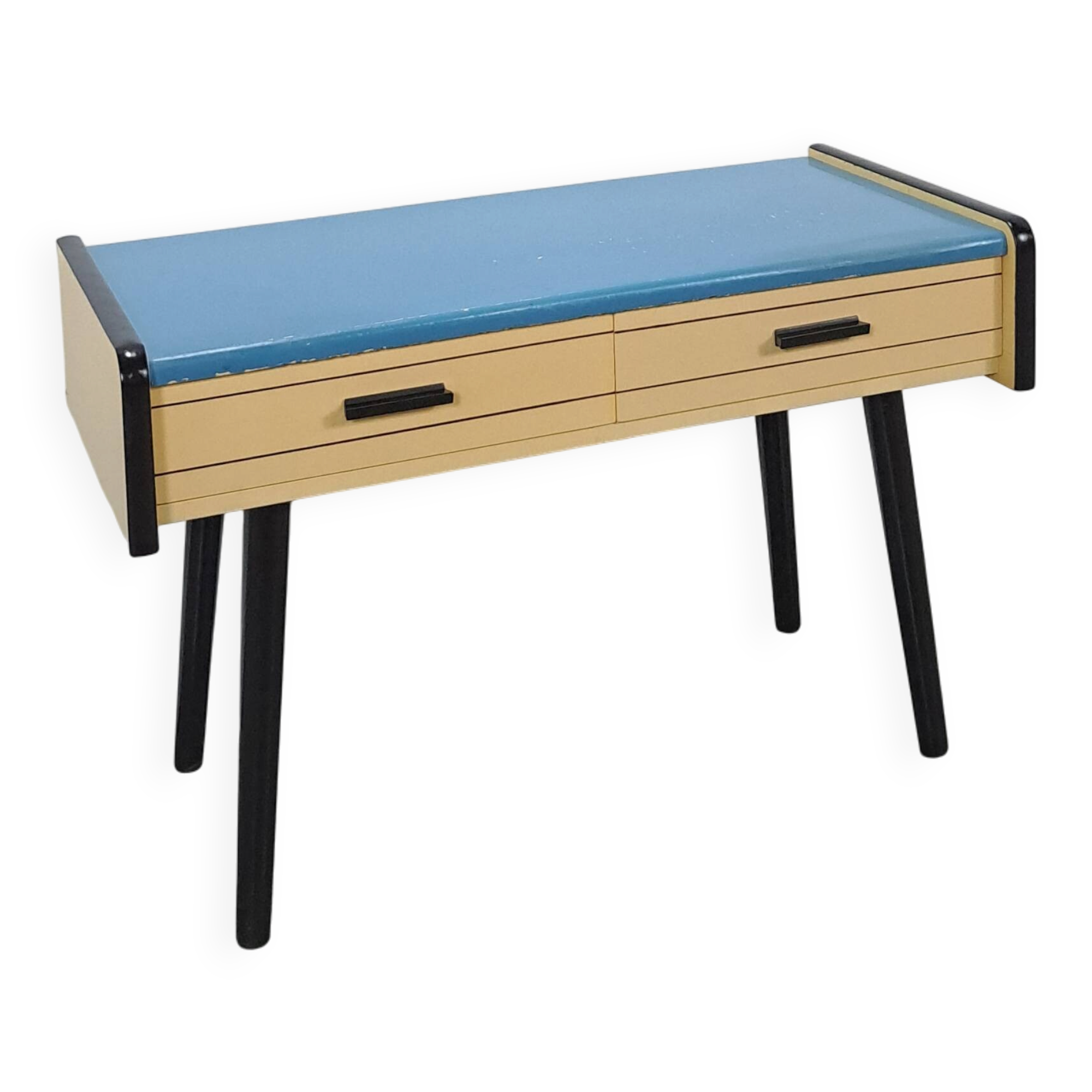 Jaren 50 ladekastje met blauw blad en zwarte poten