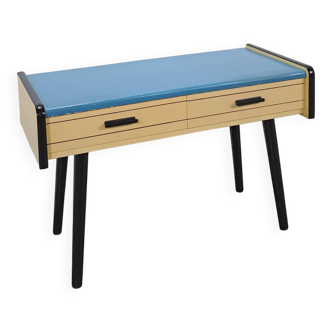 Jaren 50 ladekastje met blauw blad en zwarte poten