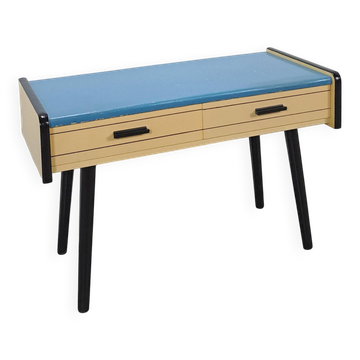 Jaren 50 ladekastje met blauw blad en zwarte poten
