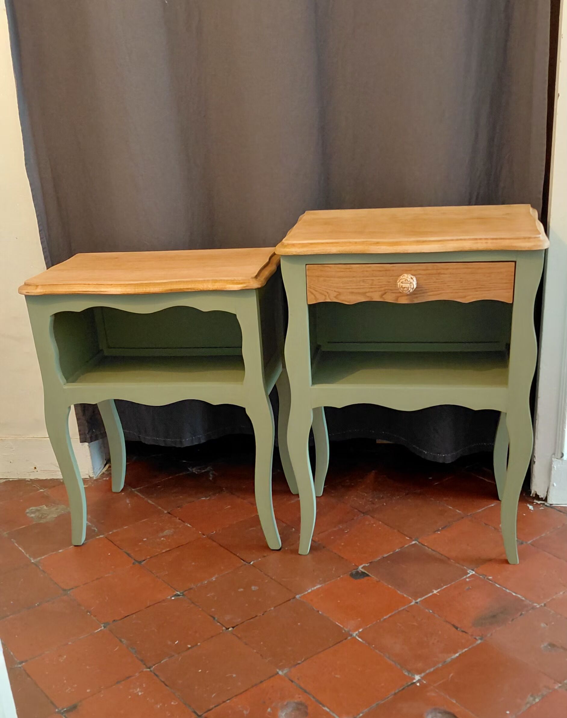 Upcycled Louis XV bedside tables – Sage green, wood and wicker