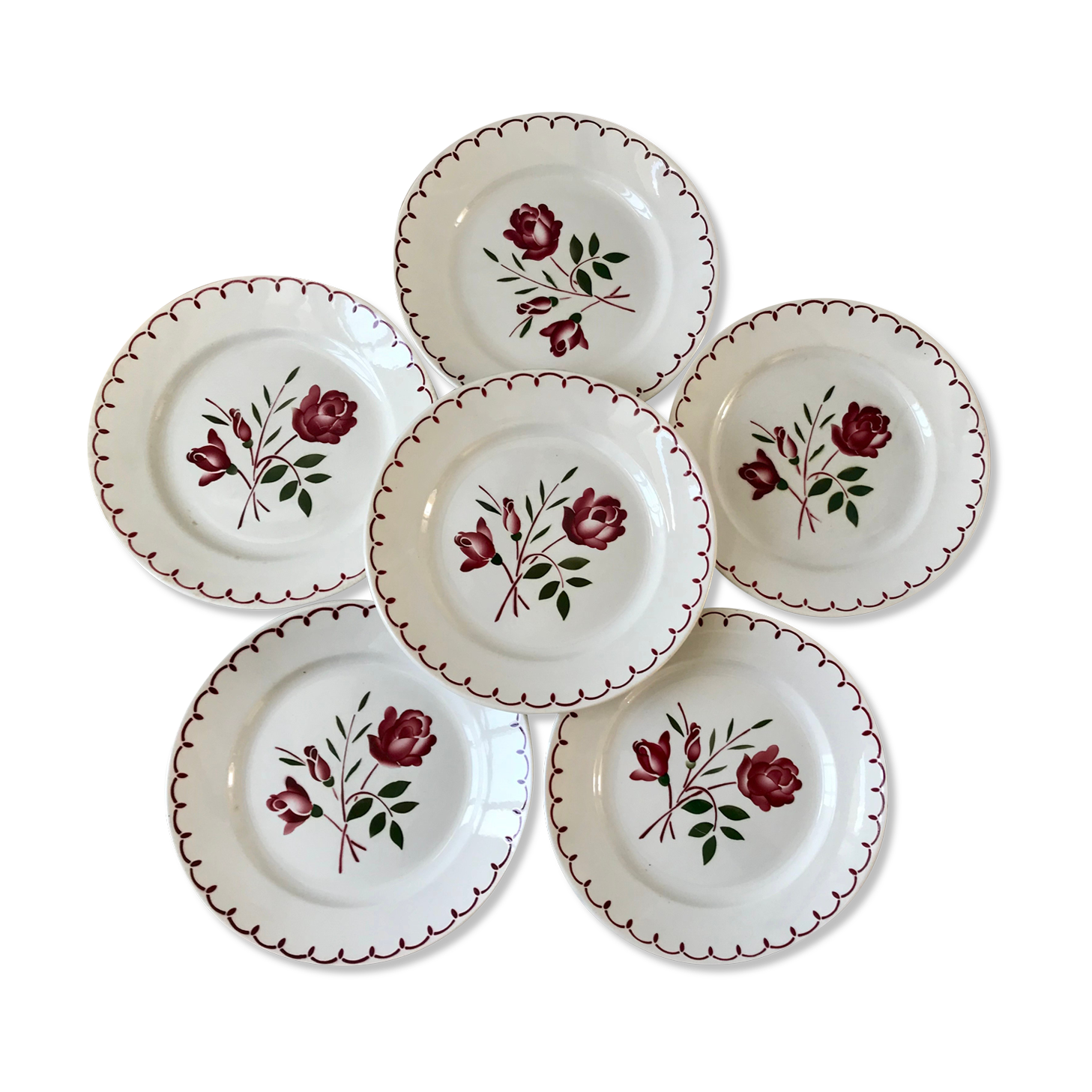 Set of 6 flat flower plates Badonviller 30s