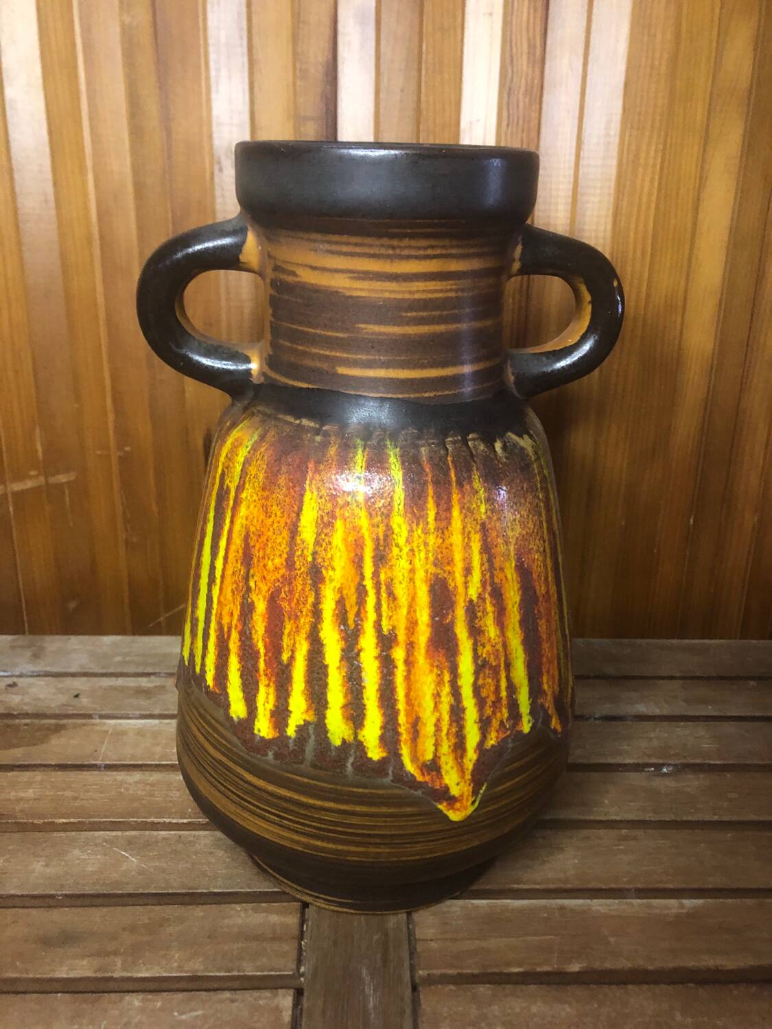 Old Vase With Handles ST CLÉMENT France Ceramic Brown & Orange Vintage #A412